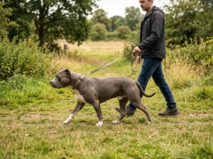 American Bully walking with handler